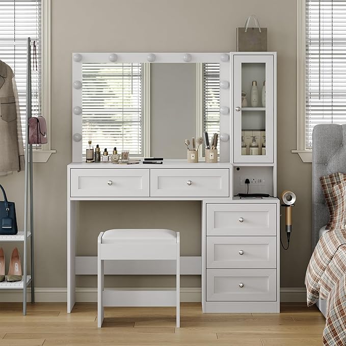 43" W Vanity Desk with Mirror & 11 Lights,Modern Makeup Desk with 5 Drawers & Cushioned Stool,3 Lighting Modes Brightness Adjustable,Power Outlet,Bedroom Dressing Table, White