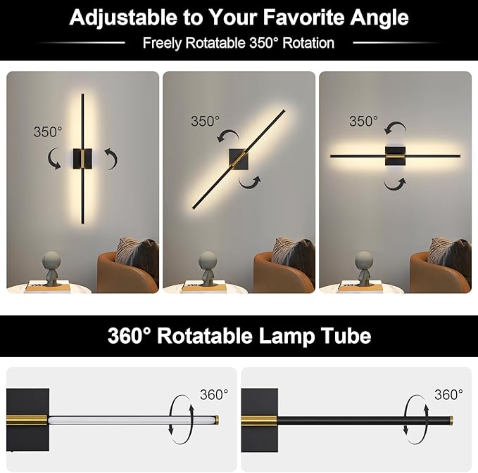 Wall Sconces Set of Two with Remote Control 29.1 in Dimmable Black Gold Battery Operated Wall Lights 350° Ratation 3000K-6000K LED Wireless Rechargeable Sconce for Bathroom Living Room Bedroom