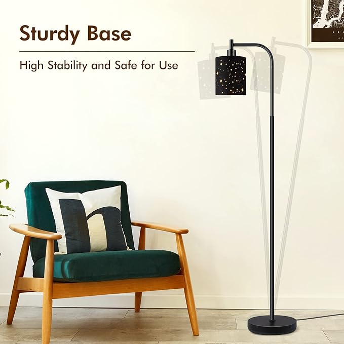 Gothic Industrial Floor Lamp with Starry Laser Cut Shade, 67" Black Metal Standing Lamp with 6W LED Bulb,Foot Switch, Perfect Halloween Spooky Home Decor,Tall Floor Lamp for Bedroom, Living Room,Black