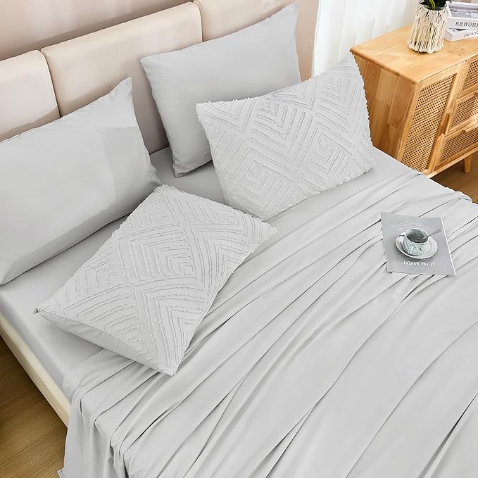 Andency Light Grey Comforter King Size Set with Sheets - 7 Pieces Boho Bed in a Bag Tufted Bedding Sets Lightweight All Season Bed Set with Comforter, Sheets, Pillowcases & Shams