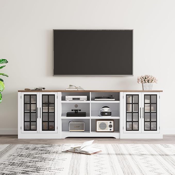 94.5 inch TV Stand for TVs up to 100", Entertainment Center Console Table with Closed Storage Cabinet and 3-Tier Open Shelves, Farmhouse TV Console for Living Room, White