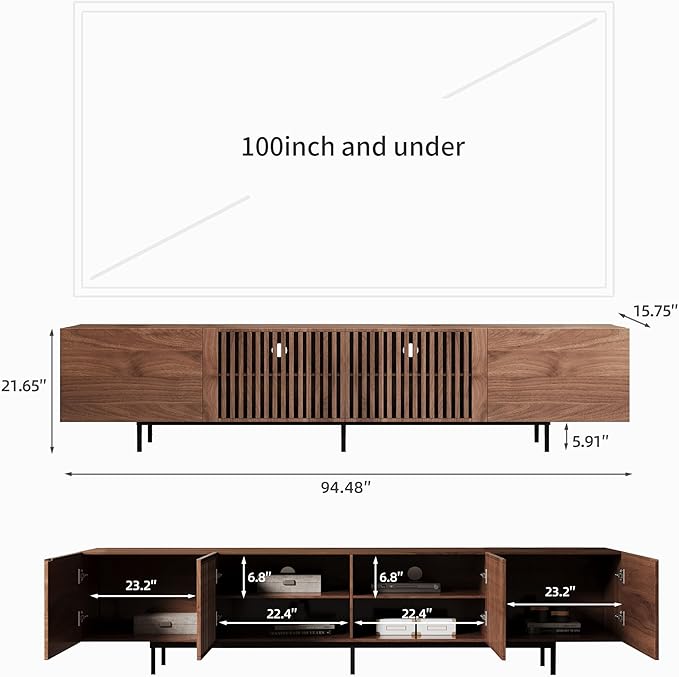 94.48″ Mid Century Modern Walnut TV Stand with Grille Doors, Storage Cabinets,Entertainment Center for TVs Up to 80",Media Console for Living Room or Bedroom