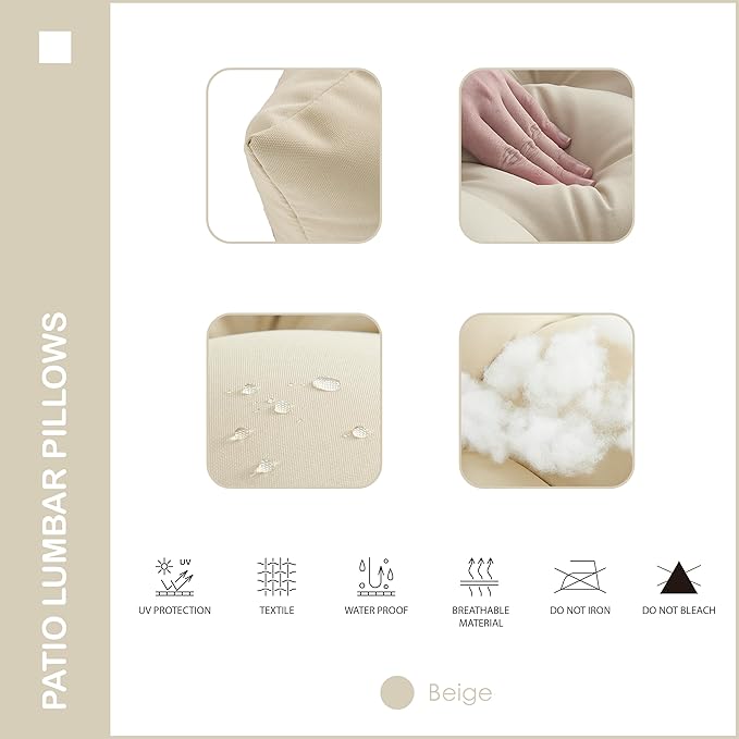 Indoor Outdoor Lumbar Pillows,Waterproof Outdoor Pillows Set of 2 for Patio Furniture,12×20 Inch,Beige