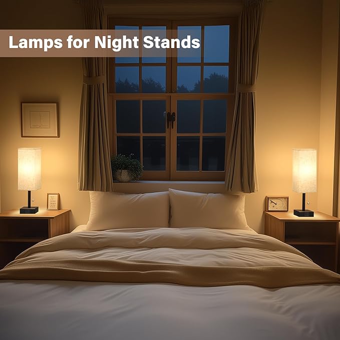 Bedside Lamps for Bedroom Set of 2 - Small Rectangular Nightstand Lamp with USB A C Charging Port, 3 Color Temperatures Desk Light with Bulb, Tabletop Reading Lamp for Living Room/Dorm/Office