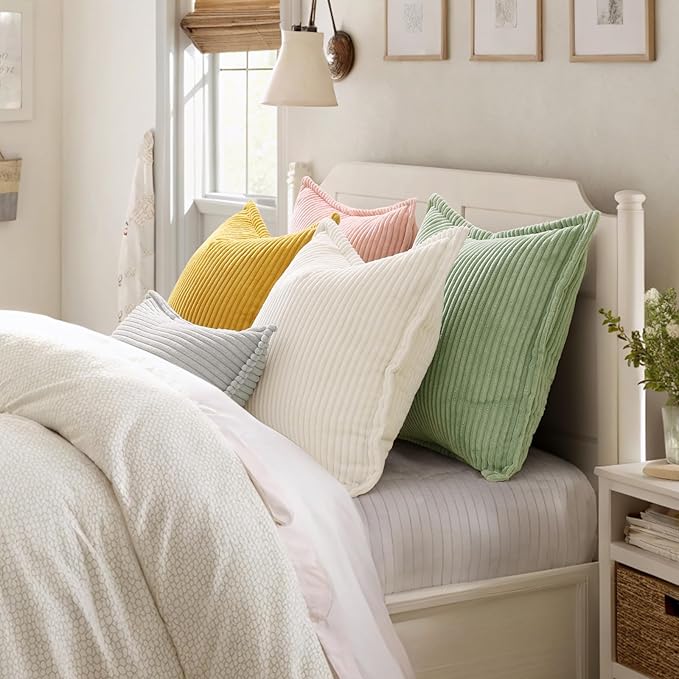 decorUhome Corduroy Grey Throw Pillow Covers 12x20 Set of 2 Decorative Soft Boho Striped Lumbar Neutral Euro Farmhouse Couch Pillow Covers with Broadside for Living Room Bed Sofa