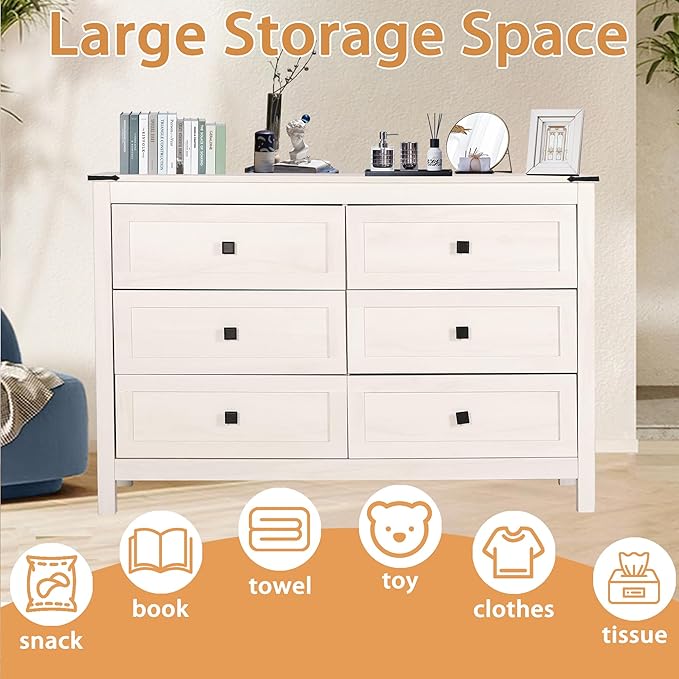 Farmhouse 6 Drawer Dresser & 2 Nightstand Set for Bedroom, Wood Dresser with Metal Handle for Bed Room, Light Beige Rustic Oak