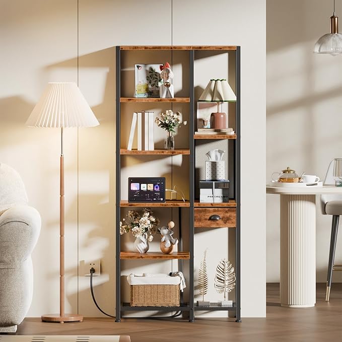Furologee 6-Tier Bookshelf with Charging Station, Double Display Shelf with Drawer, Tall Freestanding Bookcase, Metal Open Book Shelf for Living Room, Bedroom, Home Office, Rustic Brown