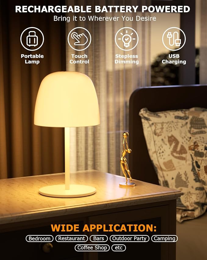 2 Pack Portable Cordless Table Lamp, 3 Color Stepless Dimming 5500mAh Rechargeable Battery Operated LED Desk Lamp, for Bedroom/Couple Dinner/Desk/Cafe/Dining Room/Terrace