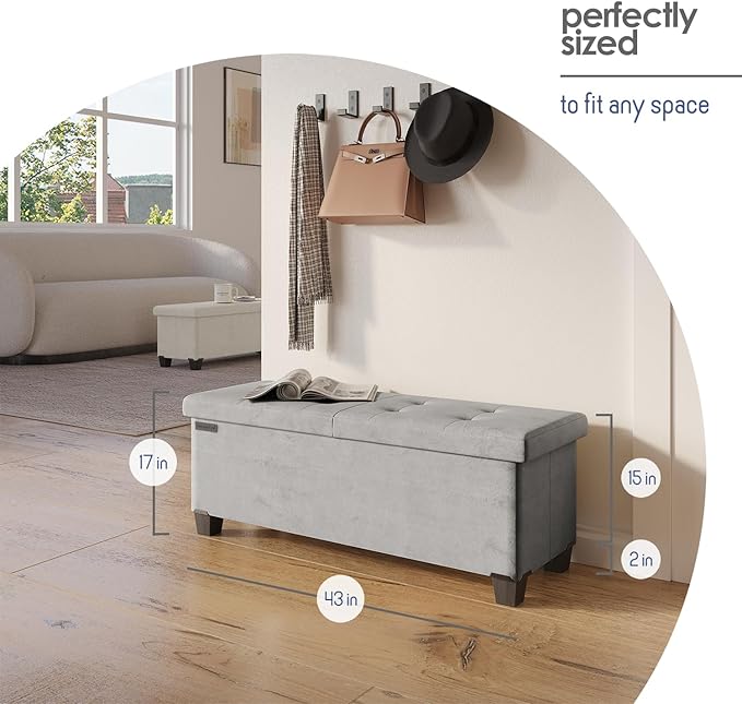STORAGEBUD Storage Ottoman Bench with Bins, 43-in Storage Bench for Bedroom End of Bed, Folding Foot Rest Ottoman for Living Room Max 660lbs, Velvet Ottomans, Light Grey