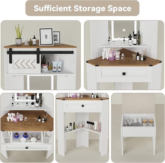 ARTETHYS Small Vanity Desk Set with Lights and Mirror Makeup Vanities with Drawers for Corner Space White Farmhouse Make up Dressing Table with Storage Stool for Bedroom