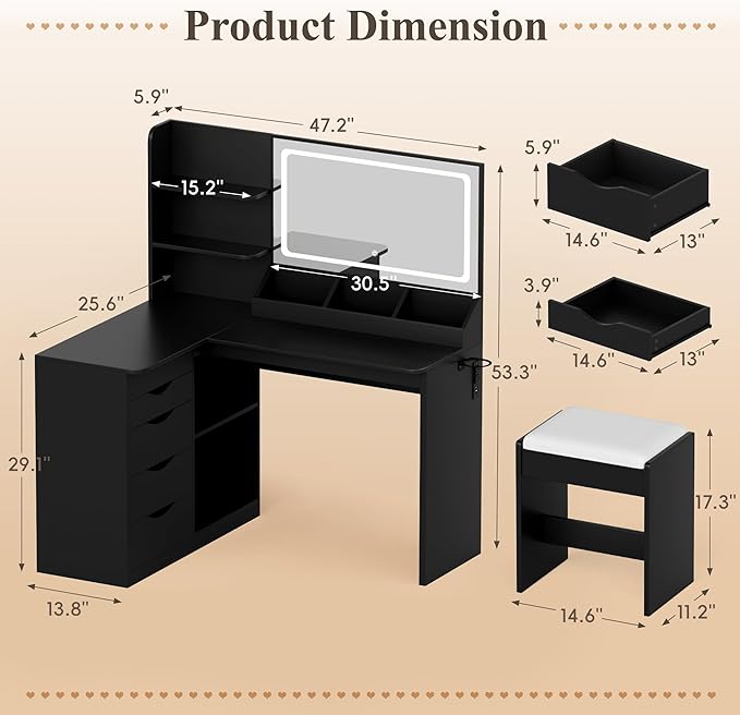 JUMMICO Makeup Vanity Desk with Mirror and Lights, L- Shaped Vanity, Modern Vanity Table with 5 Drawers & Adjustable Shelves, Power Outlet with Fast Charging, for Bedroom (Black)