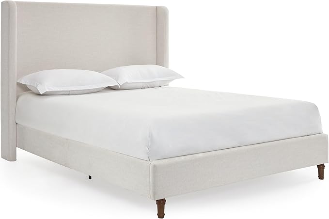 GDFStudio Tall Headboard Upholstered Bed,Queen Size Platform Bed Frame with Headboard Wingback,54" High No Box Spring Needed Easy Assembly Elegant Simplicity Textured Ivory Canvas