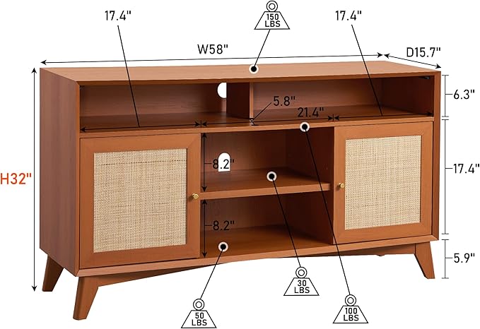 OKD TV Stand for 65+ Inch TV, 32'' Tall Highboy Entertainment Center, Mid Century Modern Media TV Console with Natural Rattan Door, Adjustable Shelves, Boho Television Stand, Cherry