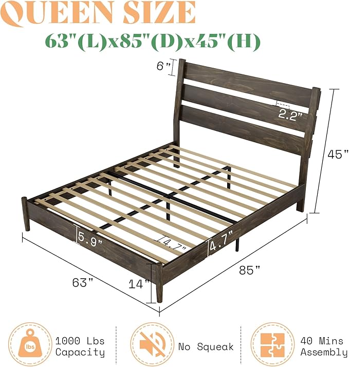 AMERLIFE Queen Solid Wood Bed Frame, Mid Century Platform Beds with Reclining Slatted Headboard, Wood Slat Support/No Box Spring Needed/Noise Free, Dark Brown