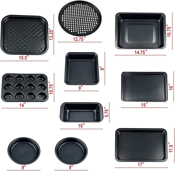 Perlli Baking Pan 10 Piece Set Nonstick Carbon Steel Gray Oven Bakeware Kitchen Set, 2 Cookie Sheets, 2 Round Cake Pans, Square Pan, Roasting Pan, Loaf Pan, Crisp Pan, Pizza Crisper, & Muffin Pan