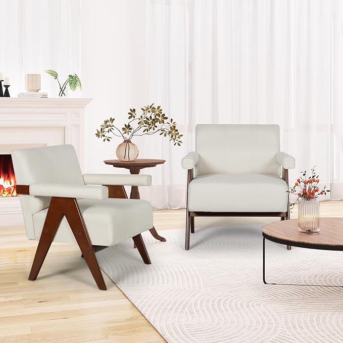 AODAILIHB Mid Century Modern Chairs Set of 2 Beige Linen Fabric Accent Chair Wooden Arms with Soft Bag Living Room Chairs with Thick Cushion Comfy Leisure Waiting Room Chairs Bedroom/Office (2, Beige)