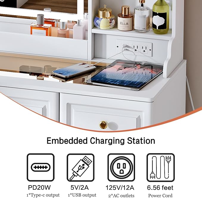 42" Makeup Vanity Desk with Mirror and Lights, & Power Outl, Glass Top Big Vanity Table with 9 Drawers& 8 Storage Shelves, Dressing Table Set with Chair for Bedroom, White