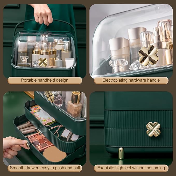 Ergocar Four Leaf Clover Series Make Up Case Dustproof Cosmetic Storage Box, Cosmetics Skin Care Products Multi-Function Jewelry Organizer Case - green