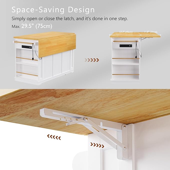 Large Kitchen Island Cart on 5 Wheels with Power Outlet, Drop Leaf, 3 Drawers, Kitchen Storage Cart with 5 Open Side Racks for Kitchen, Dining Room, Home Bar White