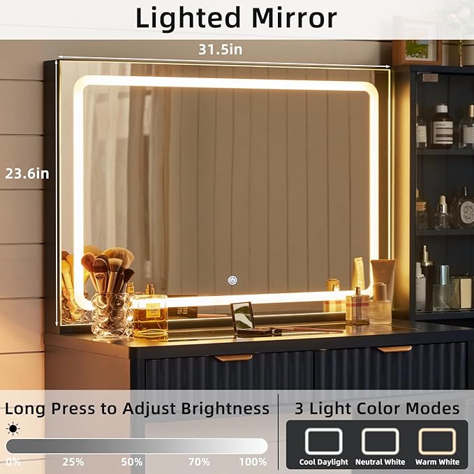 LEYAOYAO Fluted Makeup Vanity Desk with Mirror and Lights, 43.5'' Blue Vanity Table with Glass Top and Power Outlet, Make Up Vanity with 6 Drawers and Adjustable Shelves for Bedroom