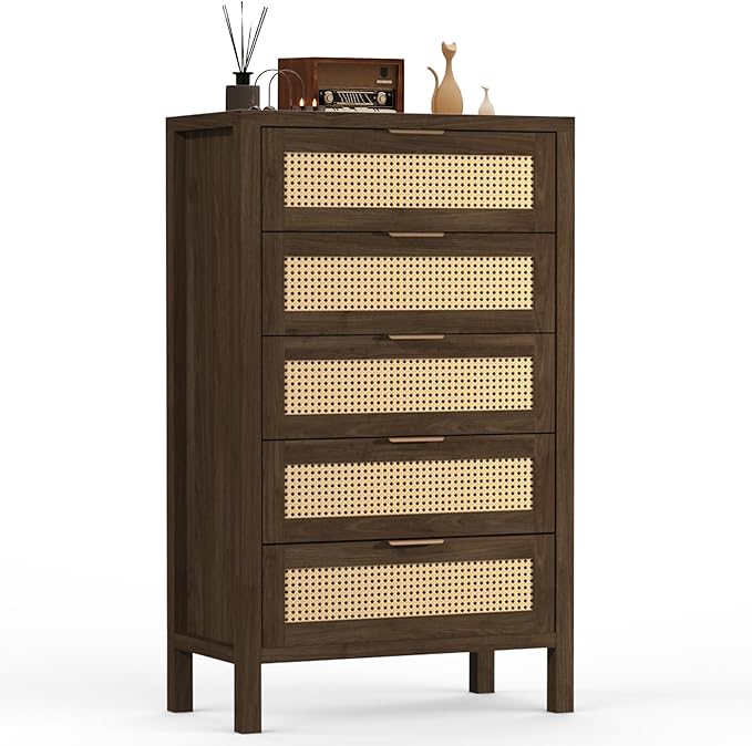 Wood 5 Dresser for Bedroom, Wide Rattan Drawer with Gold Handle for Bed Room, Hallway, Brown Oak