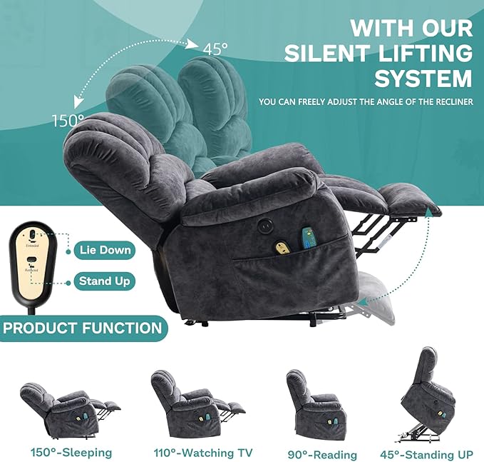 MEETWARM Large Power Lift Electric Recliner Chair with Massage and Heat, Overstuffed Wide Recliner for Elderly Big People, Plush Fabric Recliners with USB Ports, 2 Remote Controls, Side Pockets（Gray）
