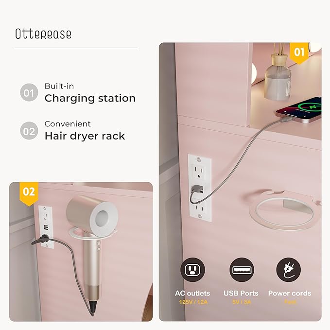 Vanity Desk with LED Lighted Mirror, Makeup Vanity with 3 Adjustable Lights, 2 Large Drawers and 4 Open Shelves, Pink Vanity Table with Storage Stool for Bedroom