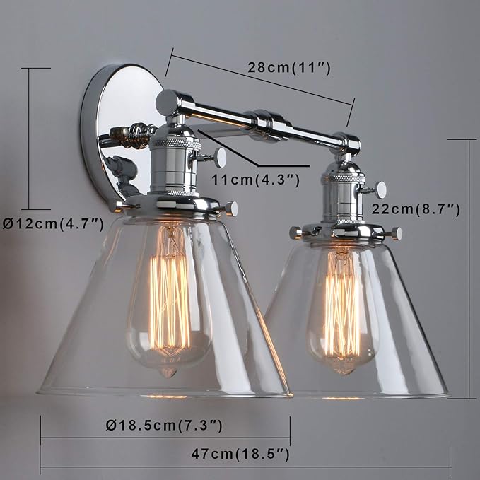Phansthy 2-Light Wall Sconce Industrial Dual-Light Wall Light with Dual 7.3 Inch Cone Glass Lampshade(Chrome)