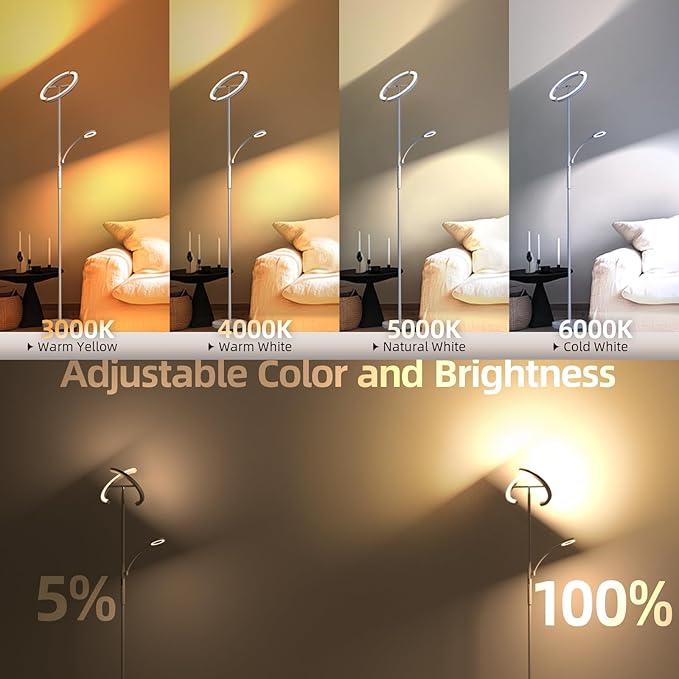 FIMEI Split Floor Lamp Modern LED Rotatable Floor Lamp with Reading Light, Eye-Protection Reading Standing Lamp with Stepless Dimming and 3000K-6000K Color, Separately Rotatable Design, White