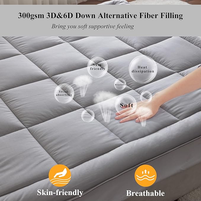 Cooling Mattress Pad Cover (Twin - Grey), Topped with 100% Cotton Cover and Mesh Shell Underlay, Snow Fiber Filled, Soft, Temperature Regulated, Premium Mattress Protector, Machine Washable