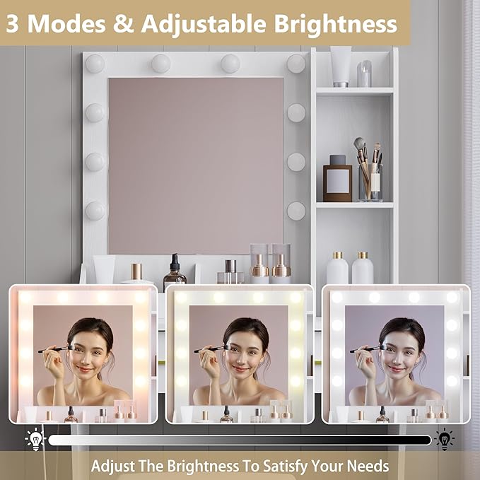 Vanity Mirror With Lights Desk And Chair, Small Makeup Vanity Set with Charging Station, Dressing Table with 2 Large Drawers, RGB Ambient Light, 3 Lighting Modes & Adjustable Brightness, White