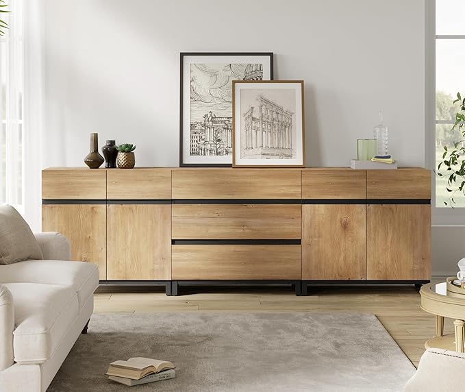 WAMPAT Modern TV Stand for TVs up to 100 inch, 3 in 1 TV Console with Adjustable Shelves and 3 Drawers, Media Console for Living Room, Bedroom, Oak