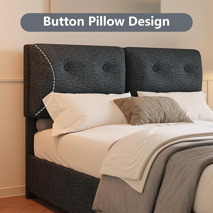 Full Bed Frames,Breathable Boucle Fabric Upholstered Bed Frame with Headboard,Removable and Washable,Wood Slat Support,No Box Spring Needed,Easy Assembly,Black