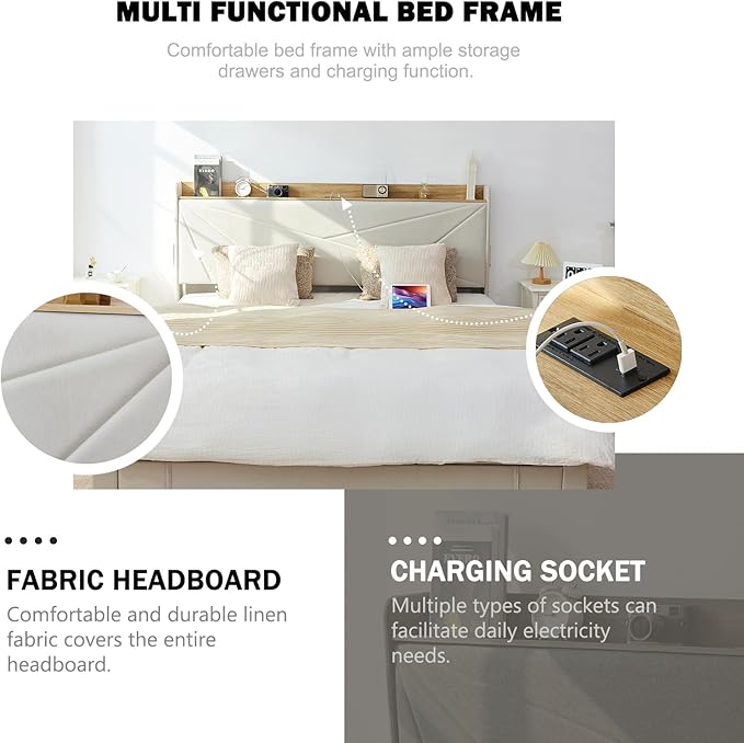 King Size Bed Frame with 3 Drawers, Upholstered King Size Bed Frame with Storage Headboard, AC USB and Type C Charge Station, Wooden Support Slats No Box Spring Needed Easy Assembly,Beige
