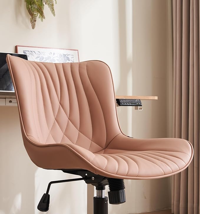 YOUTASTE Pink Modern Office Chair, Faux Leather Armless Desk Chair with Wheels, Height Adjustable, Swivel, Rocking, 300 lbs Capacity, Metal Base, for Home Office Vanity