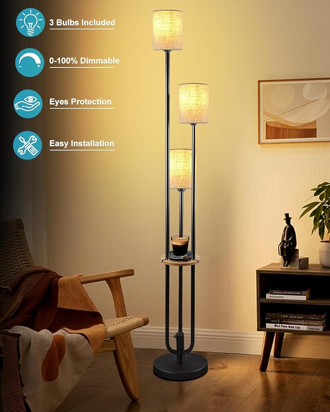Lightdot 64Inch Floor Lamp with Table Dimmable Floor Lamp for Living Room 3000K Mid Century Modern Black Tall Standing Lamp with Shelf Candle Holder Style for Bedroom Corner(Bulbs Included)