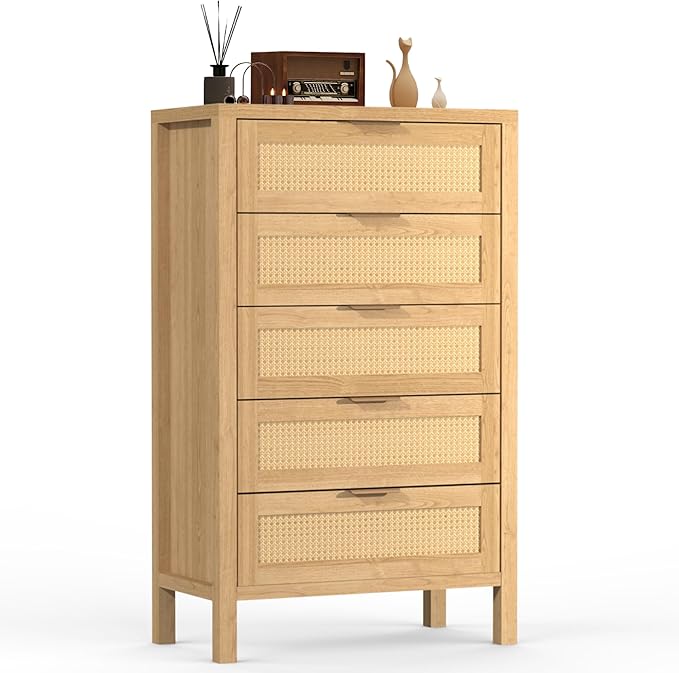 Wood 5 Dresser for Bedroom, Wide Rattan Drawer with Gold Handle for Bed Room, Hallway, Rustic Oak