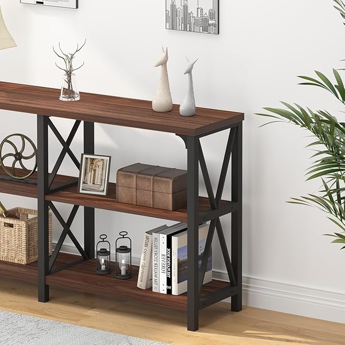 IBF Rustic Console Table, Industrial Wood and Metal Sofa Table, Hallway Entry Table for Home Living Room, Barnwood Foyer Accent Entryway Table with Retro Vintage Storage Shelf, Walnut, 55 Inch