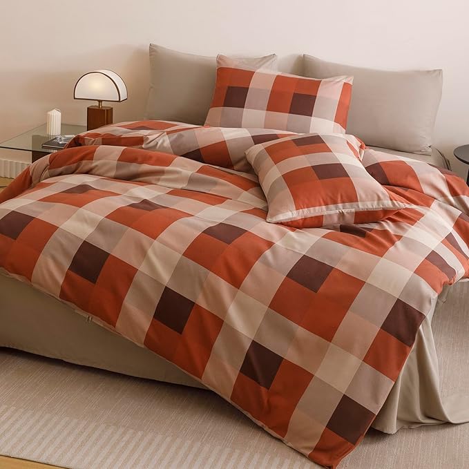CLOTHKNOW Plaid Full Size Comforter Set 3Pcs Gingham Buffalo Bedding Comforter Sets Rust Khaki Brown Geometric Comforter Full Sets with 2 x Pillow Cases