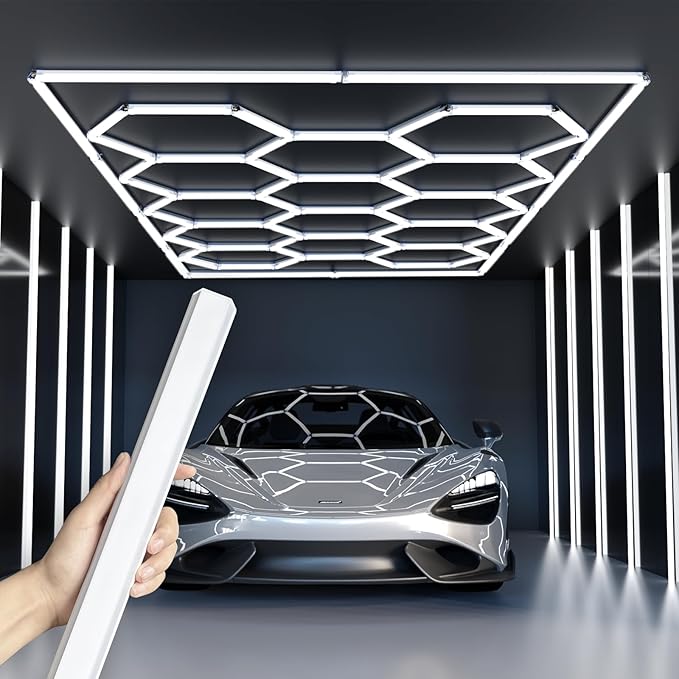Ultra Bright Hexagon Garage Lights.750W 108000LM 6500K Hexagon LED Light with Rectangle Frame.14-Grid Honeycomb Lights with 1.33" Wide-Angle Lighting Surfacefor Garage, Basement, Warehouse