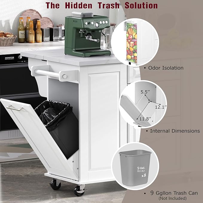 50.7" Mobile Kitchen Island with Storage Tilt Trash Can Cabinet and Pull Out Cabinet Organizer, Movable Rolling Island on 5 Wheels with Drop Leaf, 2 Drawers, 1Door for Kitchen, Dining Room (White)