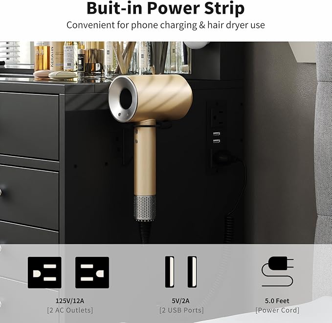 55" W Vanity Desk, Makeup Vanity with Charging Station, 15 Drawers with Lighted Mirror, 3 Lighting Modes, Brightness Adjustable, Glass Top, Vanity Table with Chair for Bedroom, Black