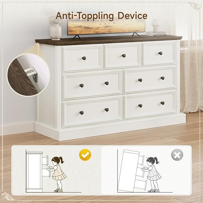 Farmhouse 7 Drawer Dresser for Bedroom, 55" Wide Wood Rustic Chest of Drawers for Bedroom, Storage Dressers Clothes Organizer for Closet, Living Room, Hallway, Dining Room(Vintage White)