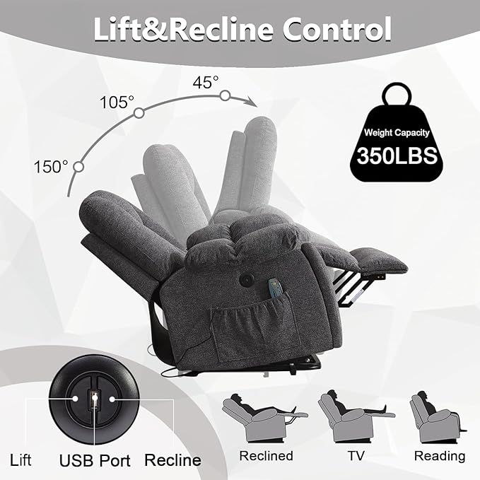 CANMOV Power Lift Recliner Chair with Massage and Heat for Elderly, Overstuffed Wide Recliners, Heavy Duty and Safety Motion Reclining Mechanism with USB Ports, 2 Concealed Cup Holders, Smoke Gray