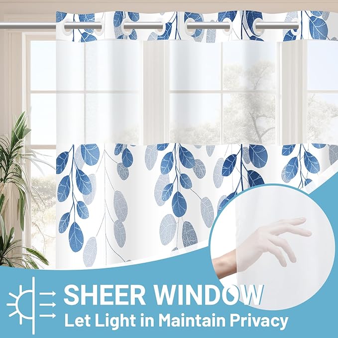 No Hook Shower Curtain with Snap in Liner - Eucalyptus Shower Curtain - Fabric Waterproof Inner Liner, Plants Blue Leaves Farmhouse Cloth Shower Curtains - Machine Washable, 71 x 74 Inch