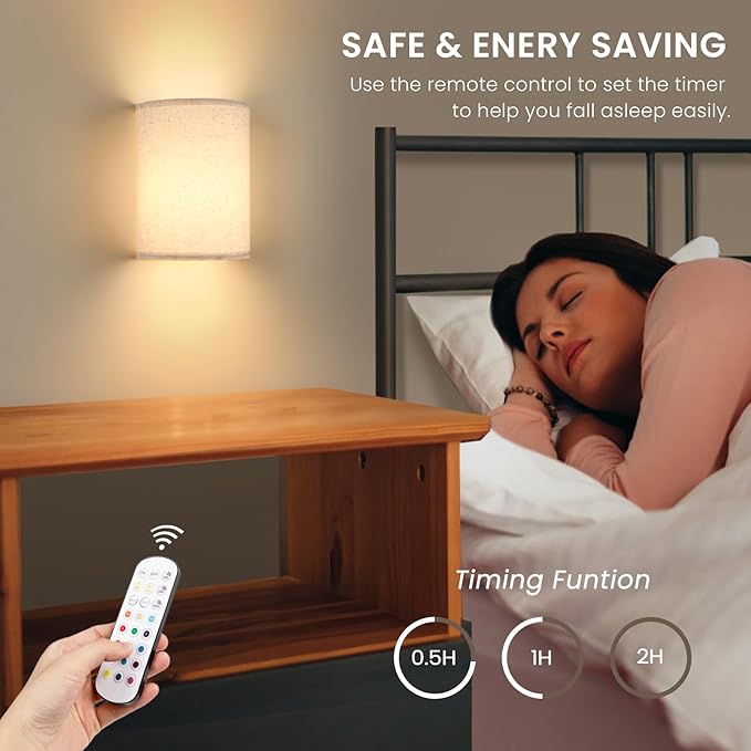 Battery Operated Wall Sconces Set of 2,Rechargeable Wall Lights with Remote Control,15 RGB Colors Dimmable Wall Light with fabric shades,Magnetic Wall Lamp Fixtures for Bedroom Living Room Hallway