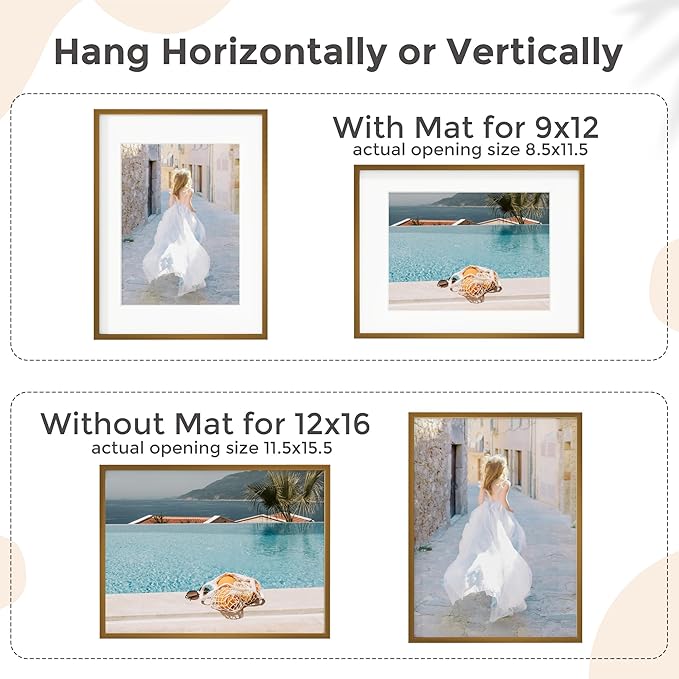 12x16 Metal Picture Frame For Wall With Mat For 9x12, 12''x16'' Aluminum Certificate Document Frames With Tempered Glass, Minimalist Modern Poster Frame Horizontally And Vertically, Bronze
