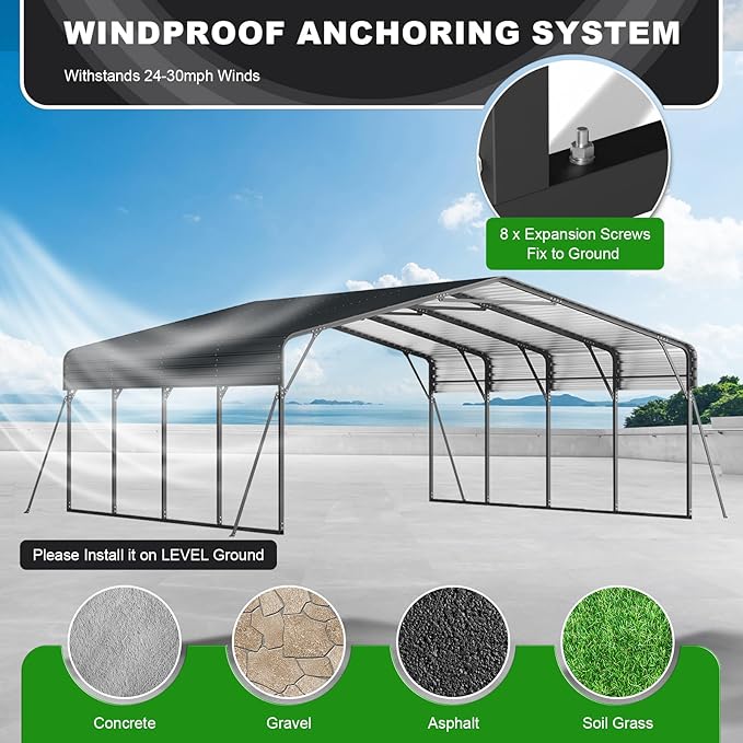 20x20FT 2 Car Metal Carport Kits, Heavy Duty Two Car Ports with Galvanized Metal Roof, Outdoor Garage Double Car Shelter Shade for Car, Boats and Truck (Dark Gray)