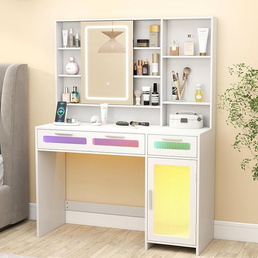 Hadulcet Vanity Desk with Mirror and Lights, Makeup Vanity with Power Outlet, LED Vanity with RGB Drawers and Cabinet, 10 Shelves & Acrylic Door Cabinet, 3 Lighting Modes Adjustable Brightness, White
