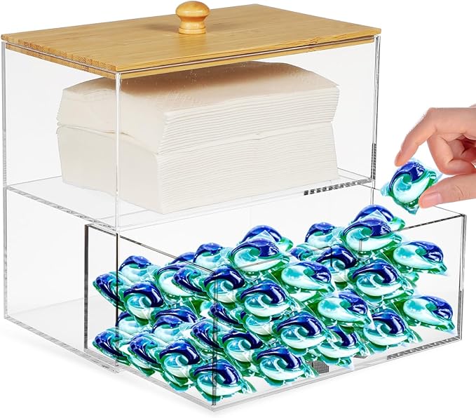 Dryer Sheet Holder Dispenser,Acrylic Dryer Sheet Container Box with Drawers and Lid for Laundry Room Organization, Storage Dryer and Fabric Sheet, Dryer Balls, Clothes Pins